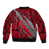 Red bomber jacket back view with black ribbed trim, large claw and emblem print