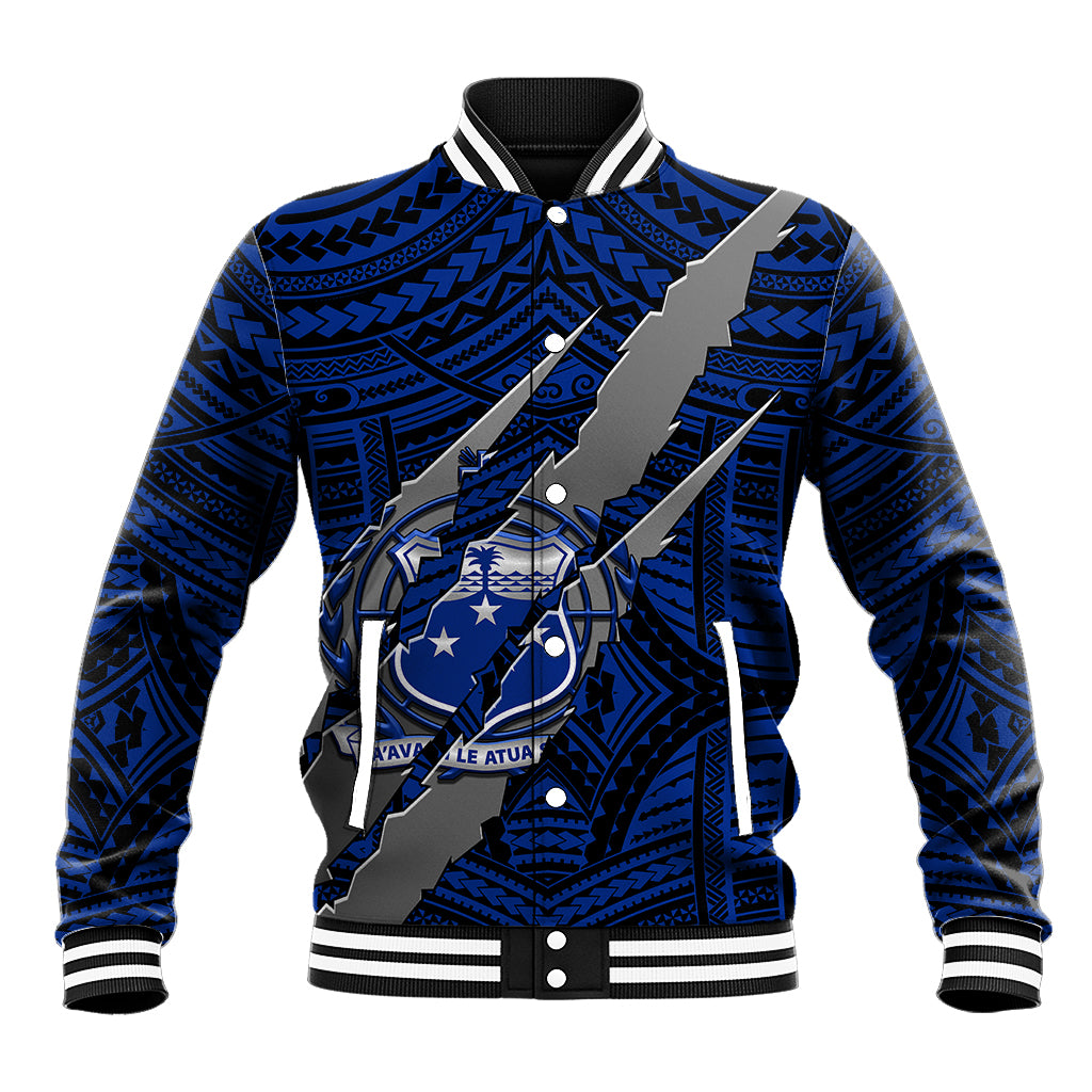 Blue baseball jacket with striped collar and coat-of-arms claw graphic