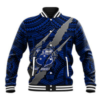 Blue baseball jacket with striped collar and coat-of-arms claw graphic