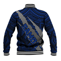 Blue baseball jacket back with striped hem and large claw emblem graphic