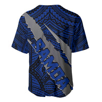 Blue Polynesian baseball jersey with ornate tribal back pattern and claw-style graphic