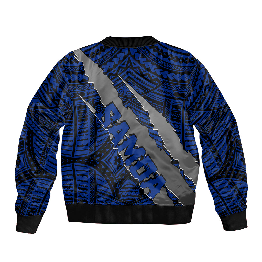 Blue bomber jacket back with black ribbed hem and cuffs, large silver claw emblem print