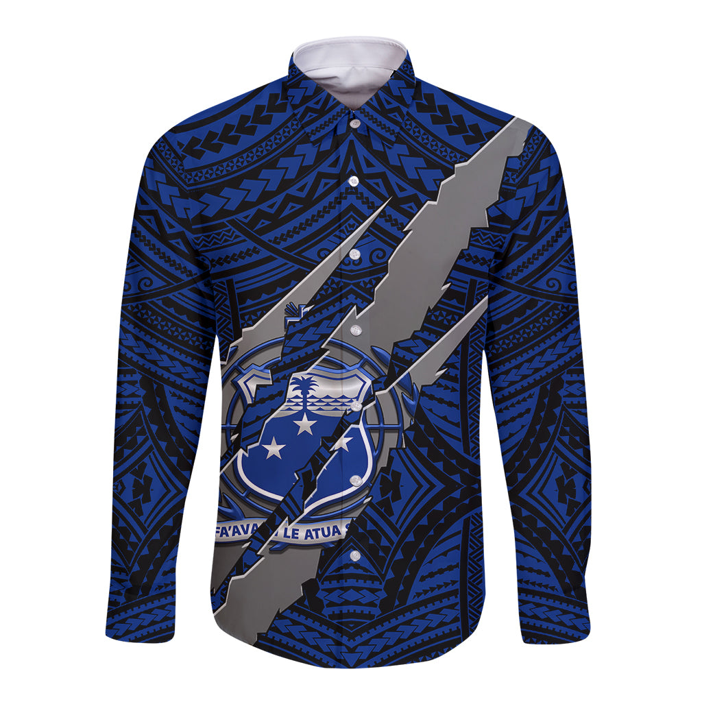 Blue long-sleeve button shirt with Polynesian tribal pattern and crest claws