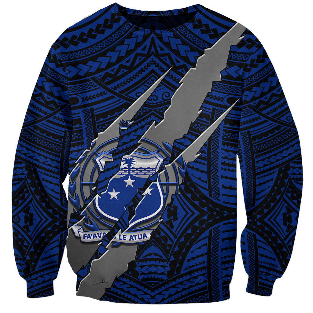 Blue unisex crewneck sweatshirt with large crest and claw-style graphic