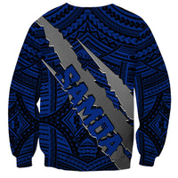 Blue unisex crewneck sweatshirt with big diagonal claw-style emblem artwork