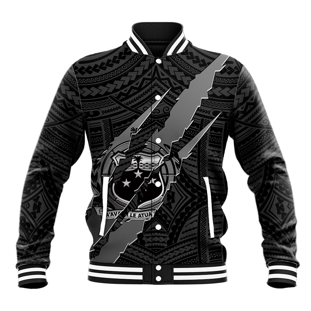 Black baseball jacket with Polynesian claw graphic, ribbed collar cuffs and hem trim