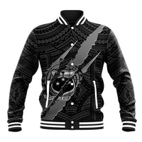 Black baseball jacket with Polynesian claw graphic, ribbed collar cuffs and hem trim