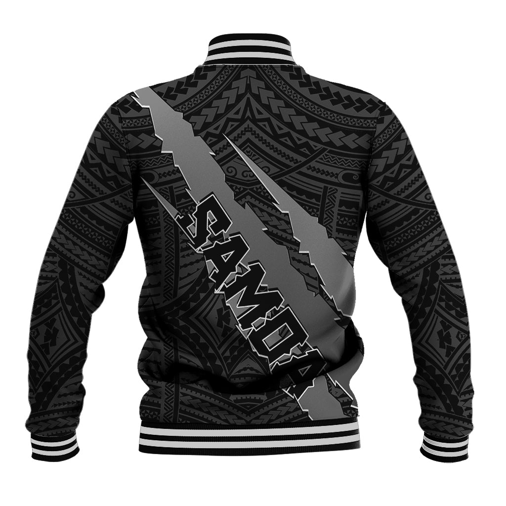 Black baseball jacket back with large Polynesian claw graphic and patterned sleeves