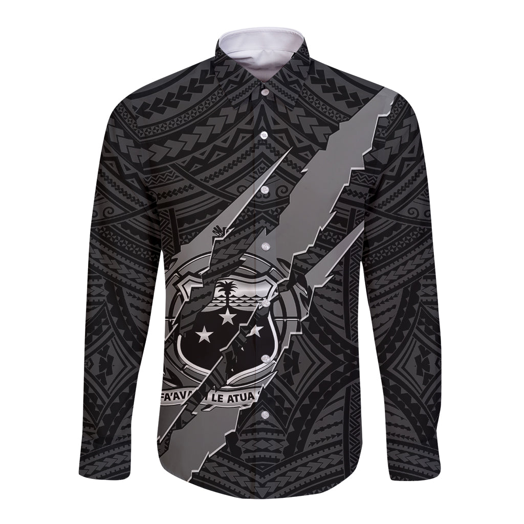 Black long-sleeve button shirt with large coat of arms claw graphic and patterned trim
