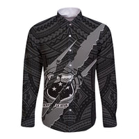 Black long-sleeve button shirt with large coat of arms claw graphic and patterned trim
