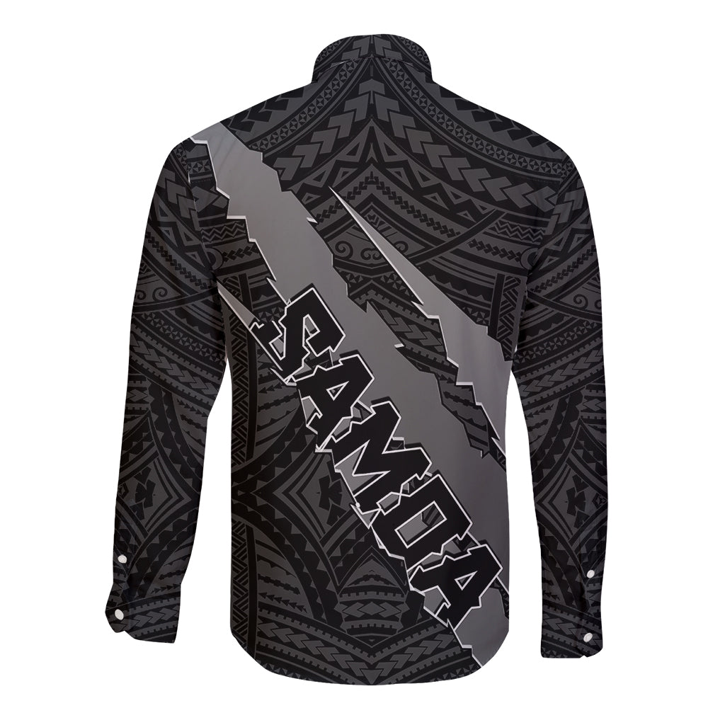 Black long-sleeve button shirt with diagonal coat of arms claws print and tribal pattern