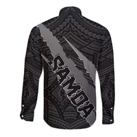 Black long-sleeve button shirt with diagonal coat of arms claws print and tribal pattern