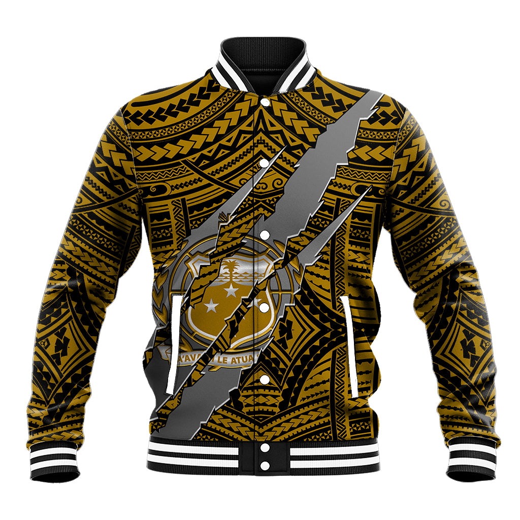 Gold baseball jacket with black tribal patterns, gray center graphic, snap front