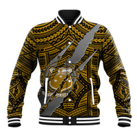 Gold baseball jacket with black tribal patterns, gray center graphic, snap front