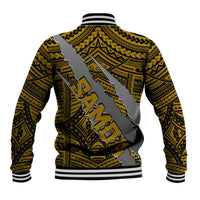 Gold baseball jacket with black tribal patterns and large back coat-of-arms graphic