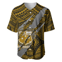 Gold and black Polynesian baseball jersey with zip collar and coat-of-arms claw graphic