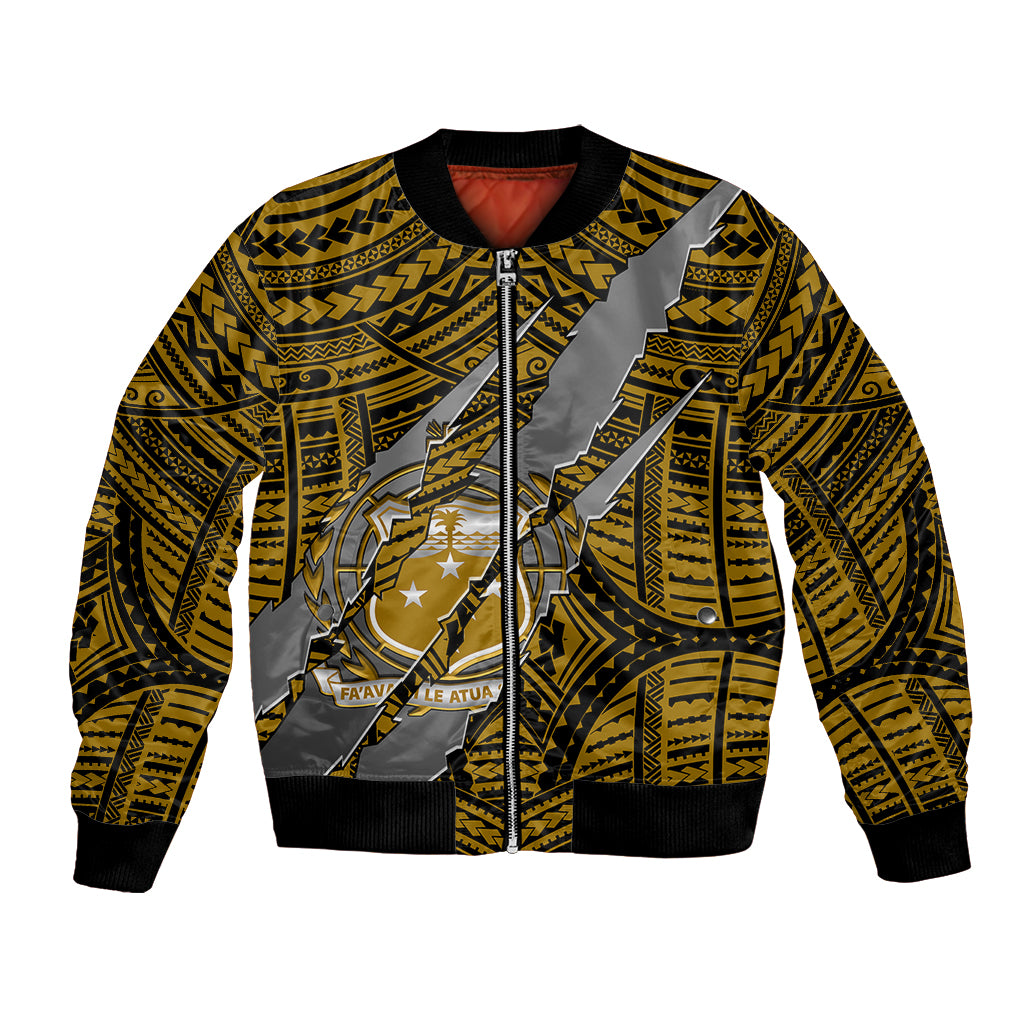 Gold bomber jacket with tribal crest claw graphic, front zip and ribbed cuffs/hem