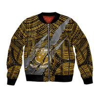 Gold bomber jacket with tribal crest claw graphic, front zip and ribbed cuffs/hem