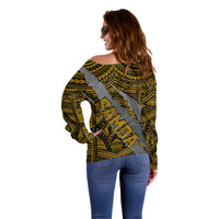 Women’s off-shoulder sweater side profile, back crest claw graphic, olive and gold