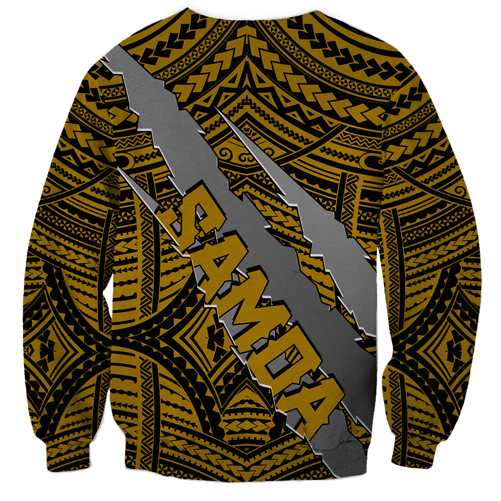 Gold and black crewneck sweatshirt with coat-of-arms claw graphic and tribal pattern