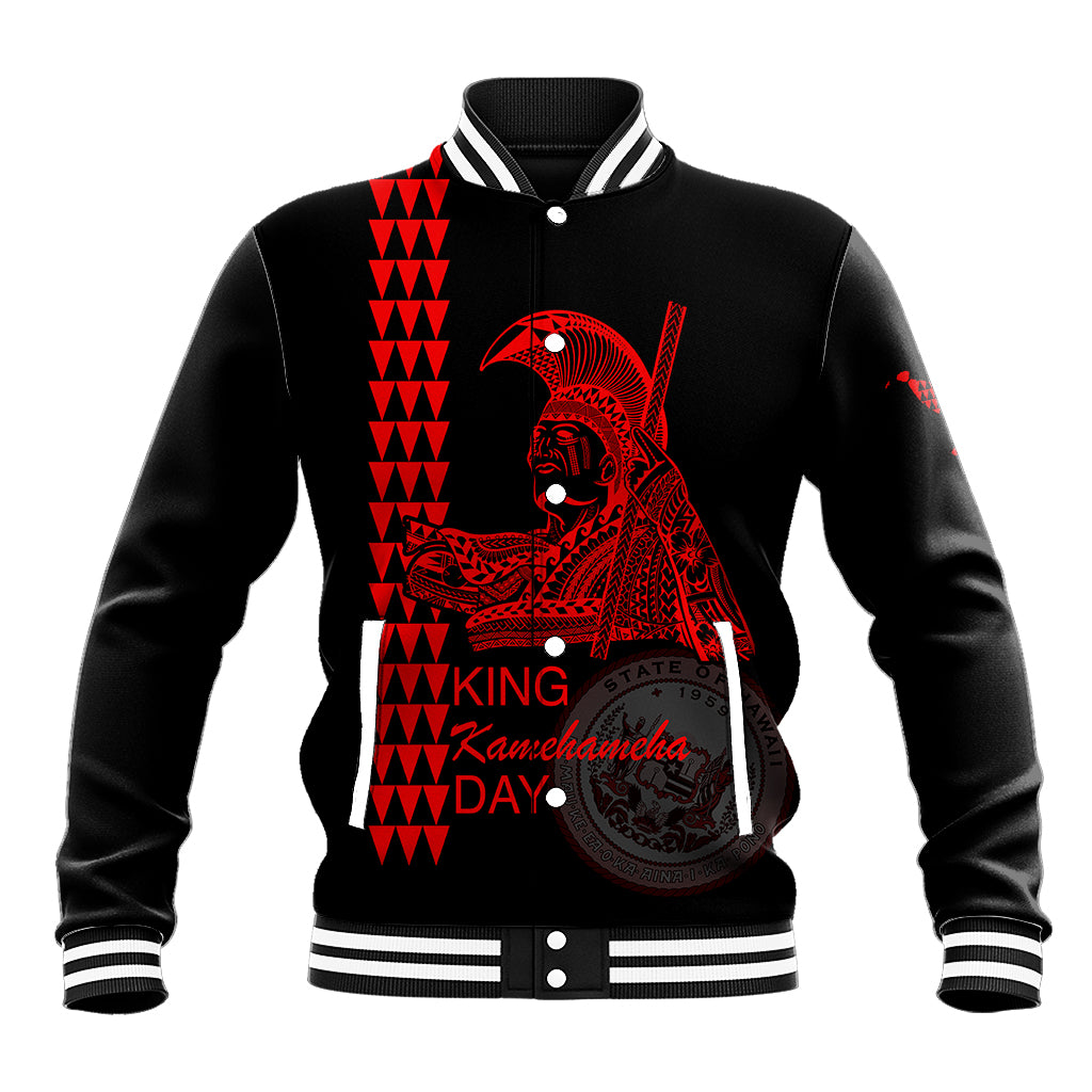 Black baseball jacket with red and black tribal graphic, striped collar and cuffs