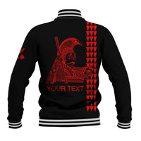 Black baseball jacket back with red tribal graphic, striped collar and hem
