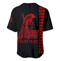 Black baseball jersey with red King Kamehameha warrior graphic, buttoned V-neck