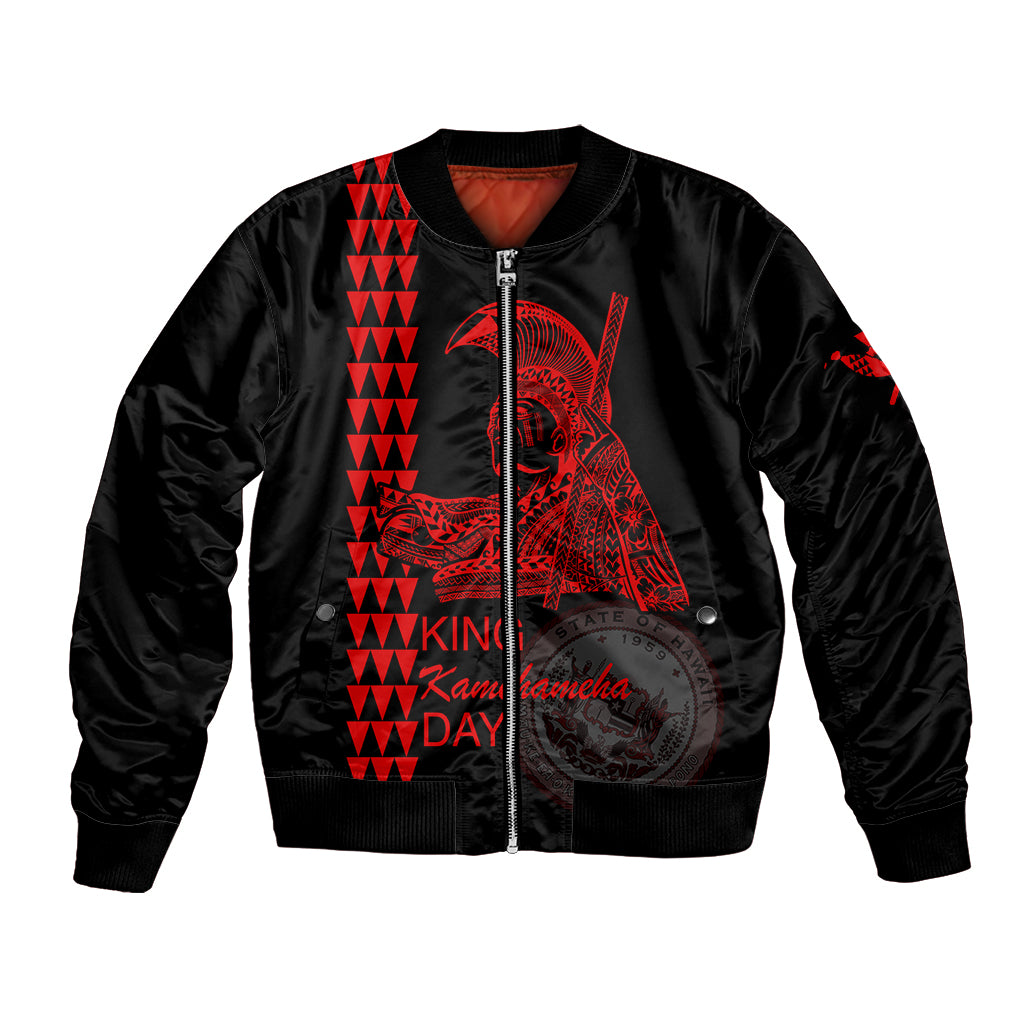 Black bomber jacket with front zipper, ribbed cuffs, red Hawaiian graphic