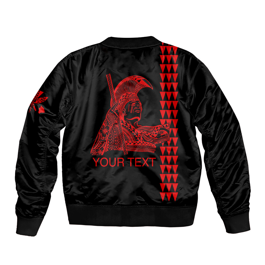 Black bomber jacket back with large red graphic and 'YOUR TEXT' print