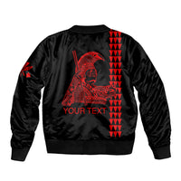Black bomber jacket back with large red graphic and 'YOUR TEXT' print