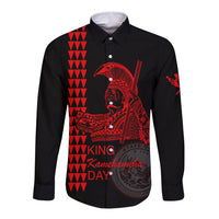 Black long-sleeve button shirt with red warrior graphic front