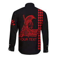 Black long-sleeve button shirt with red back warrior print and YOUR TEXT