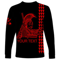 Black long sleeve shirt with red warrior portrait and vertical pattern, 'YOUR TEXT'