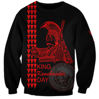 Black crewneck sweatshirt with red King Kamehameha Day graphic