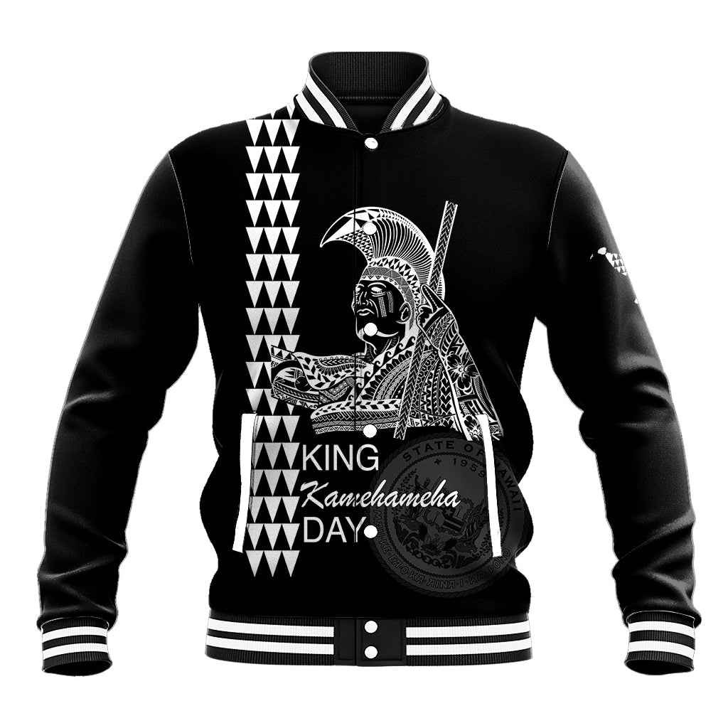 Black baseball varsity jacket with snap buttons, striped rib trim, front warrior graphic