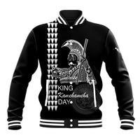 Black baseball varsity jacket with snap buttons, striped rib trim, front warrior graphic