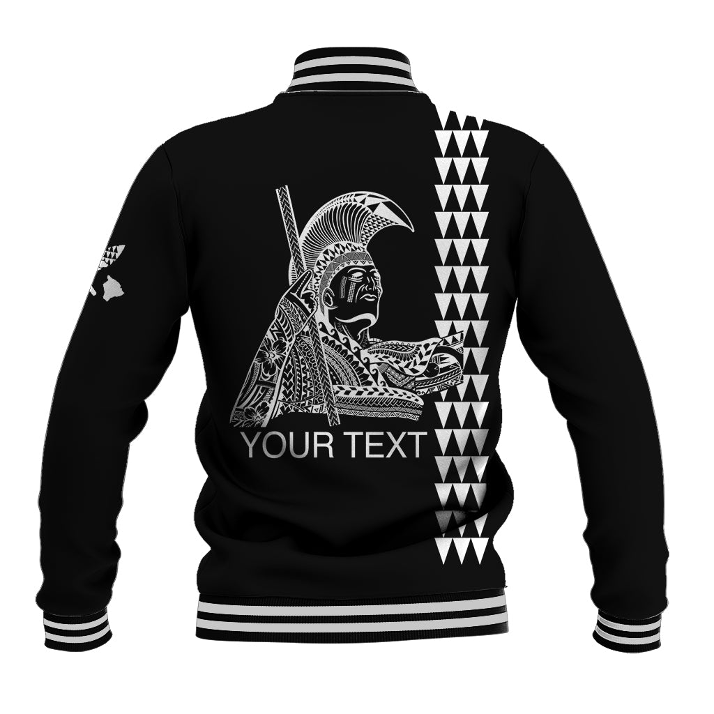 Black baseball varsity jacket with striped rib trim, large back warrior graphic