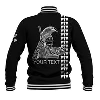 Black baseball varsity jacket with striped rib trim, large back warrior graphic
