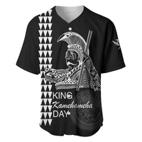 Black baseball jersey, V-neck, white Kamehameha graphic with King Kamehameha Day text