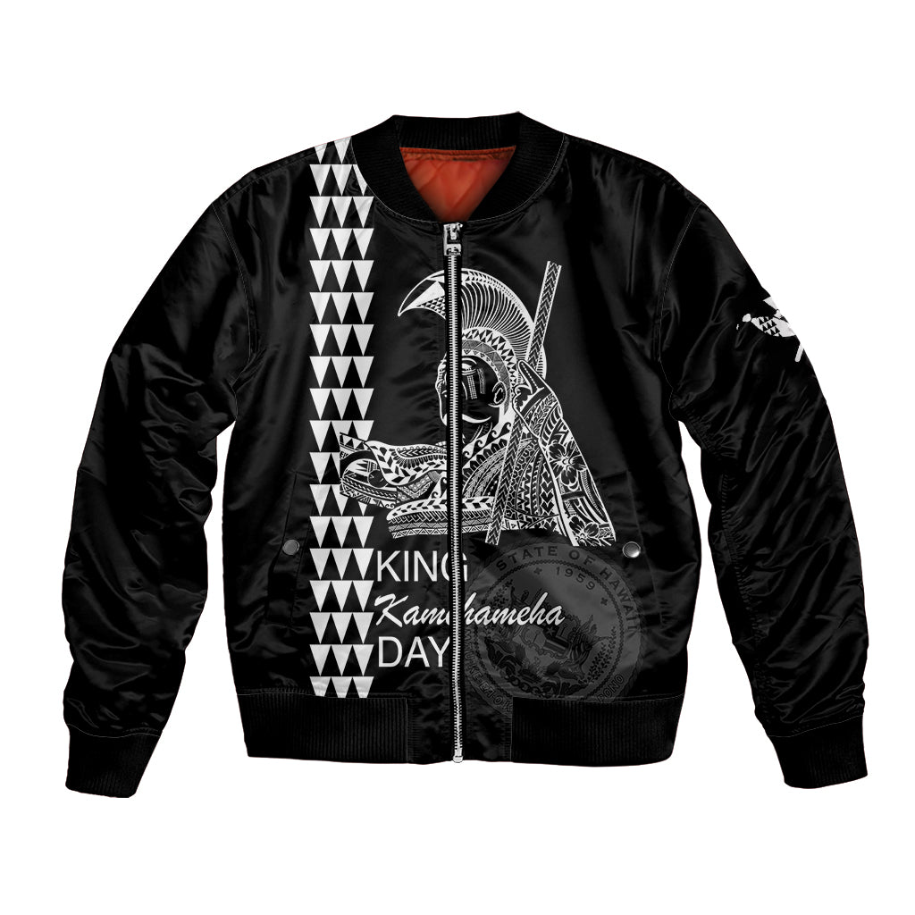 Black bomber jacket with front zipper and warrior graphic panel