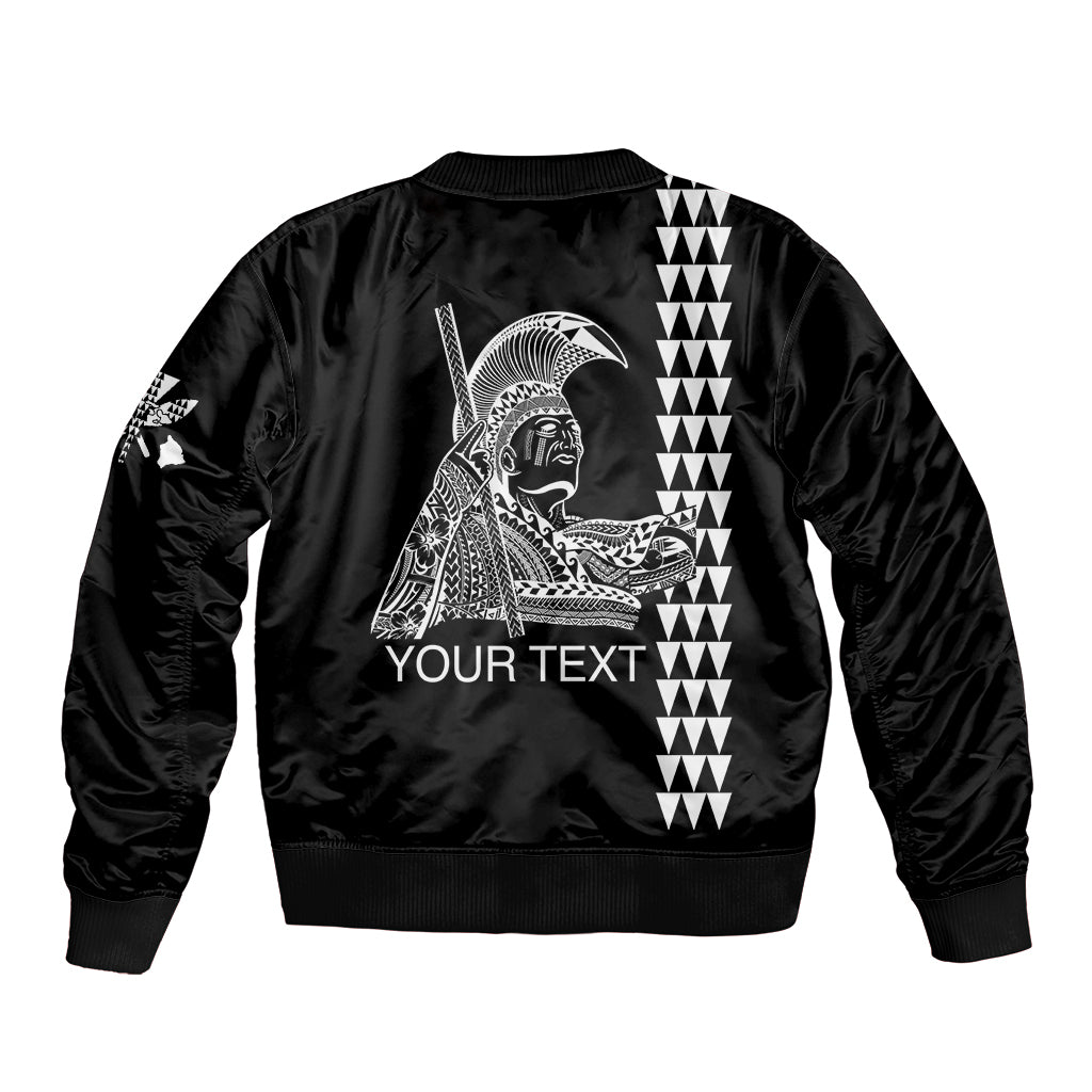 Black bomber jacket back with vertical striped graphic and YOUR TEXT print