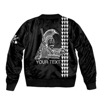 Black bomber jacket back with vertical striped graphic and YOUR TEXT print