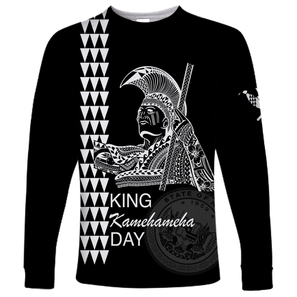 Black long-sleeve shirt with King Kamehameha Day graphic and geometric stripe pattern