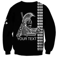 Black crewneck sweatshirt with Kamehameha graphic, striped pattern, and “Your Text”