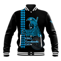 Baseball jacket with black body, blue King Kamehameha graphic, snap button front