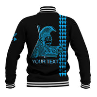 Baseball jacket with black back, blue warrior graphic, 'YOUR TEXT' and striped ribbed trim