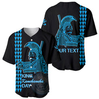 Pair of black baseball jerseys with blue warrior graphics; front King Kamehameha Day