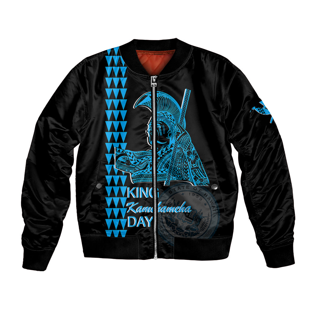Custom Hawaii bomber jacket, black with blue Kamehameha Day front graphic and zip