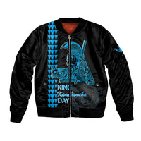 Custom Hawaii bomber jacket, black with blue Kamehameha Day front graphic and zip