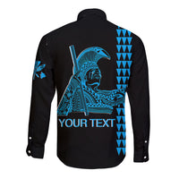 Black long sleeve button-up shirt with blue back graphic and 'YOUR TEXT' area